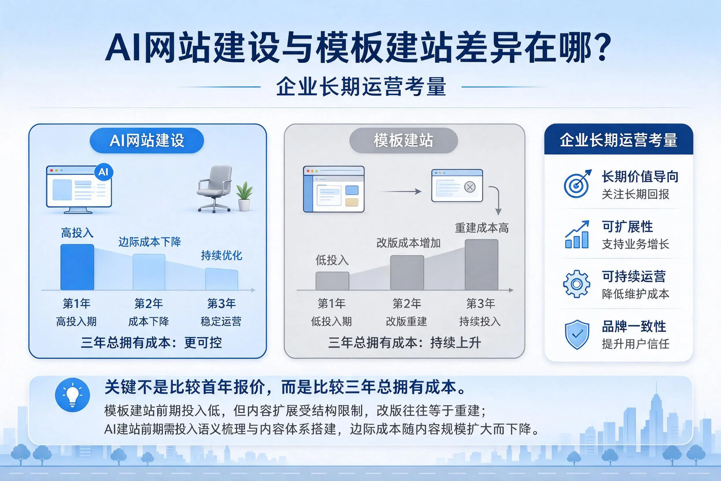 AI网站建设与模板建站差异在哪?东方企业长期运营考量
